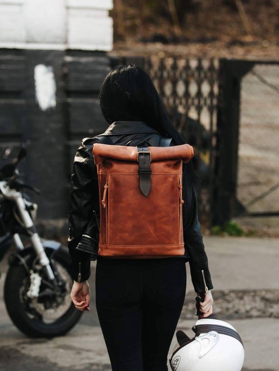 Back to School Backpack Leather Roll Top Backpack Women's - Etsy Hong Kong