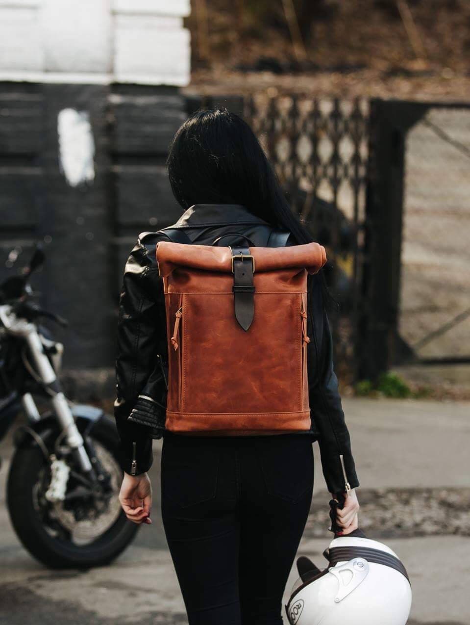 Leather backpack Roll top backpack by Kruk Garage Women's Etsy