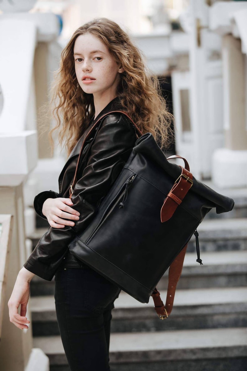 Leather backpack Roll top backpack by Kruk Garage Women's Etsy