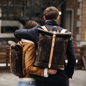 Leather backpack for man Personalized bag Roll top backpack Flight cabin luggage Work bag men Brown /Beige straps