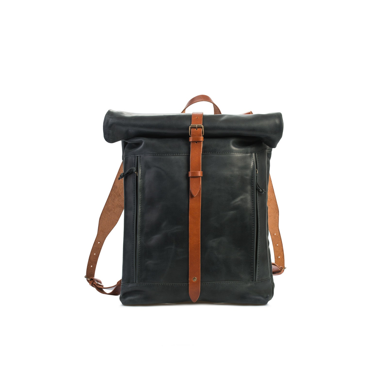 Leather backpack Roll top backpack by Kruk Garage Black Etsy