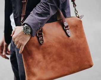 Leather briefcase Computer bag Laptop bag Mens work bag Student bag School bag Father’s day  gift