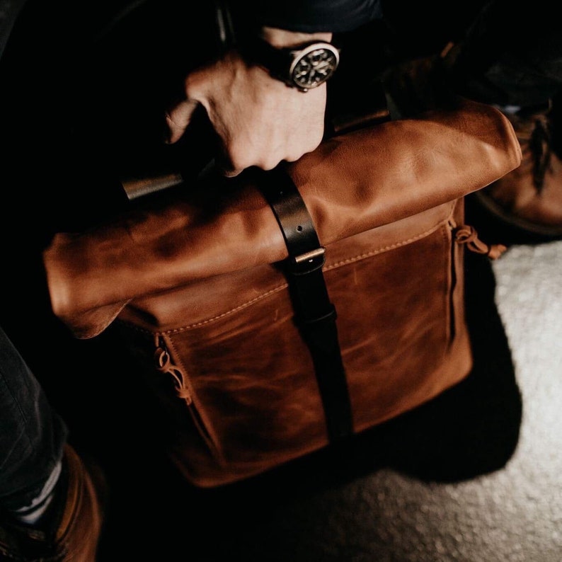 Laptop backpack Roll up leather backpack by Kruk Garage Work leather purse Commuter backpack image 3