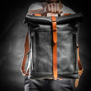 Leather backpack for man Personalized bag Roll top backpack Flight cabin luggage Work bag men Black /Cognac straps