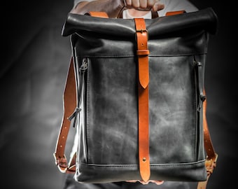 Leather backpack for man Personalized bag Roll top backpack Flight cabin luggage Work bag men