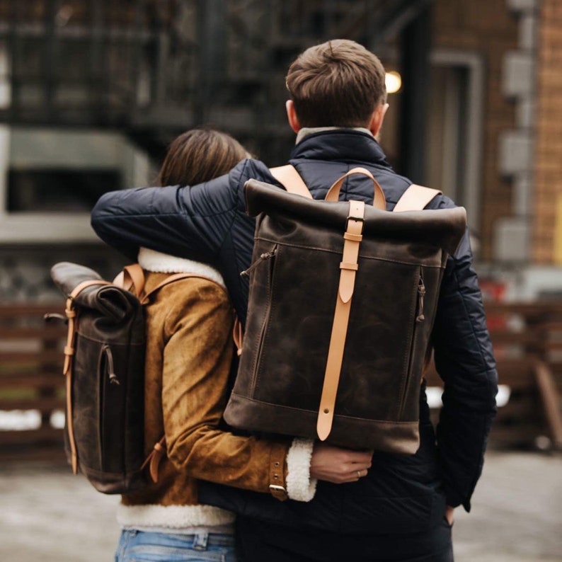 Laptop backpack Roll up leather backpack by Kruk Garage Work leather purse Commuter backpack Brown/ beige straps