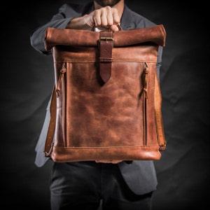 Laptop backpack with padded back Roll top backpack Student backpack Mens Computer leather backpack School backpack