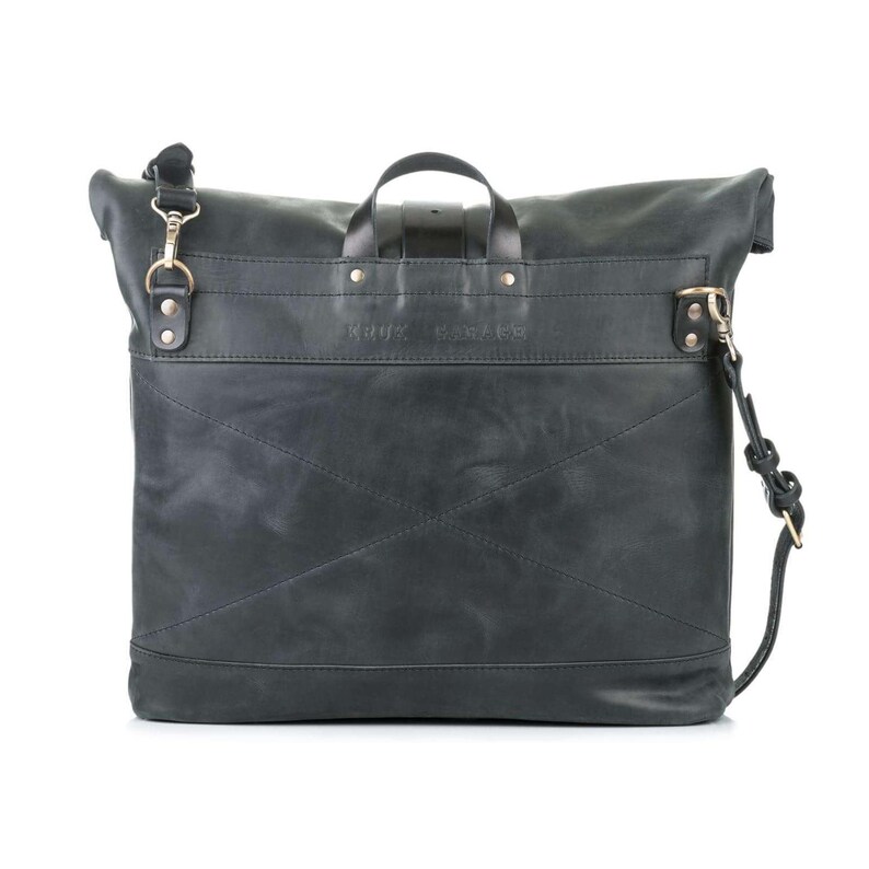 Black leather bag Roll top bag by Kruk Garage Laptop leather bag Mens shoulder bag Roll top bag Leather messenger Birthday gift Gift for him