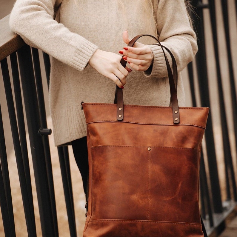 Convertible tote backpack Leather shopper bag Large tote bag Christmas gift Cognac brown