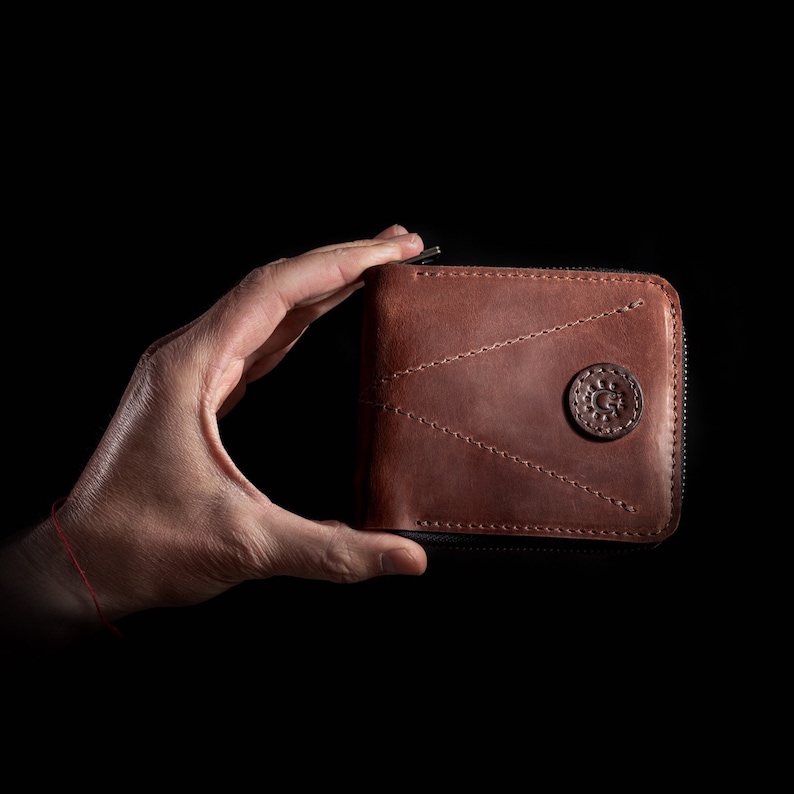 Cartera de bolsillo con cremallera Cartera pequeña Cartera de cuero plegable Regalo personalizado Cartera pequeña de cuero Regalo de Navidad Cognac brown