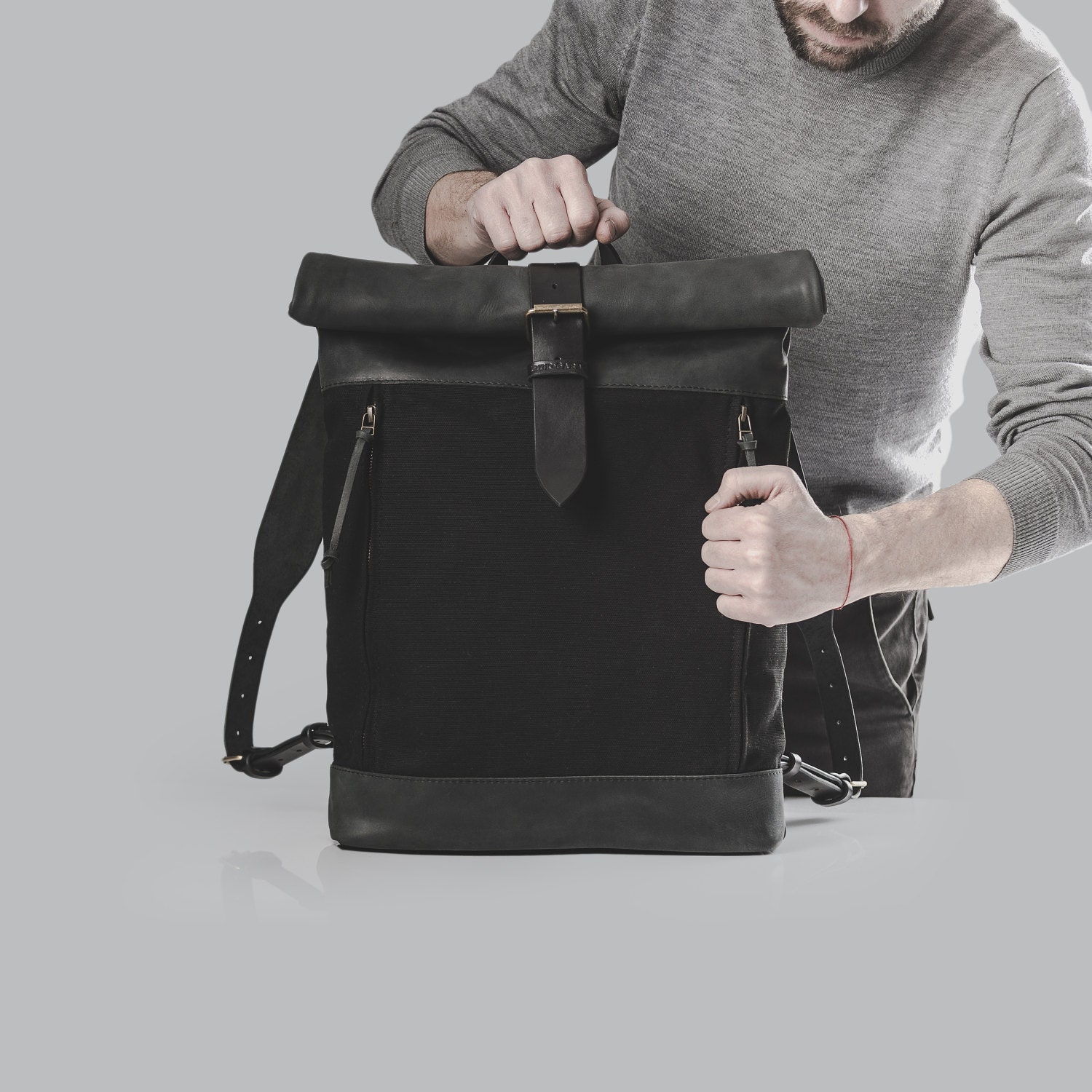 Leather and canvas backpack Roll top backpack by Kruk ...