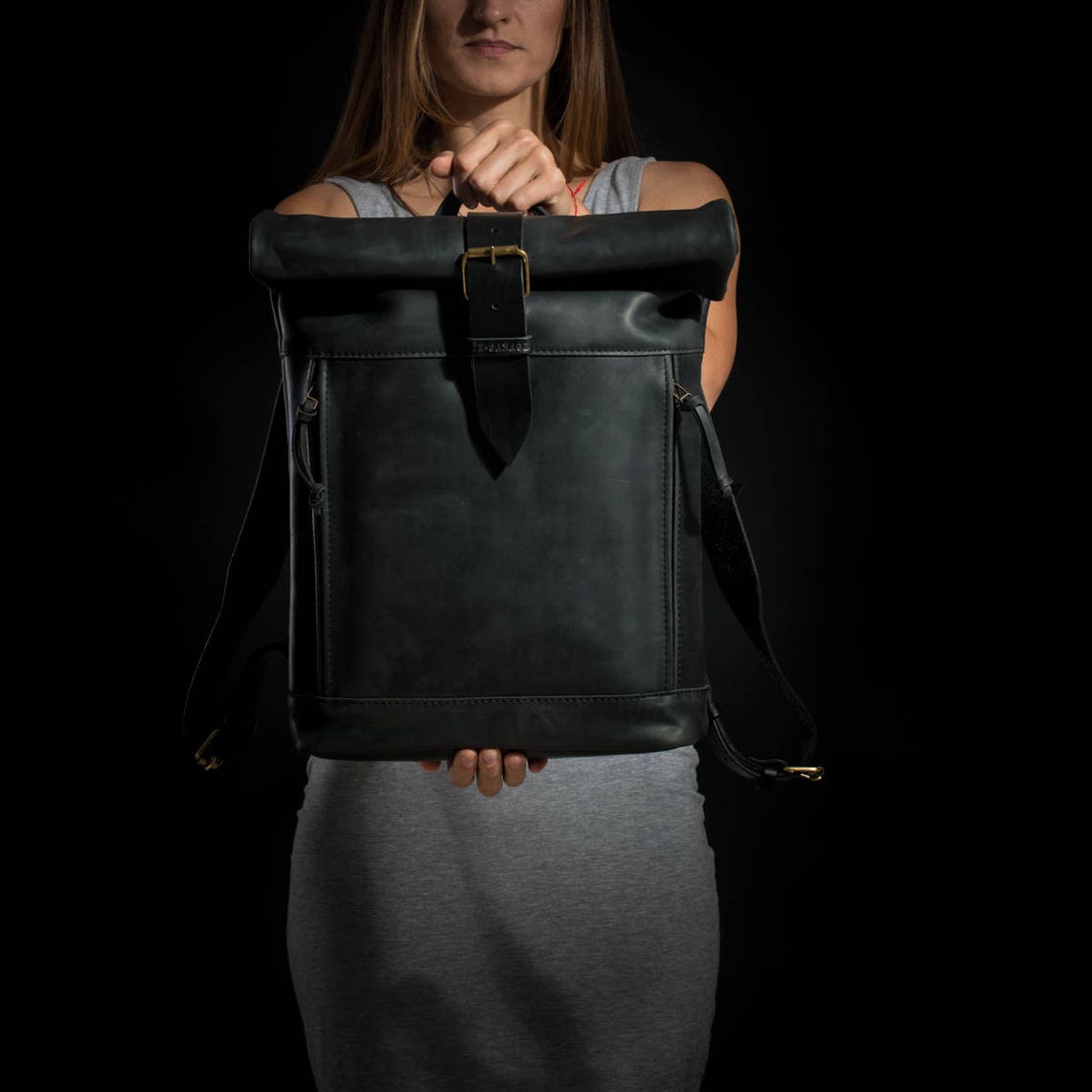 Leather backpack Roll top backpack by Kruk Garage Black Etsy