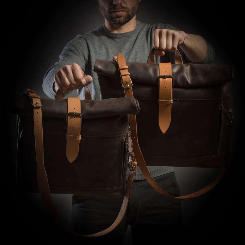 Black leather bag Roll top bag by Kruk Garage Laptop leather bag Mens shoulder bag Roll top bag Leather messenger Birthday gift Gift for him