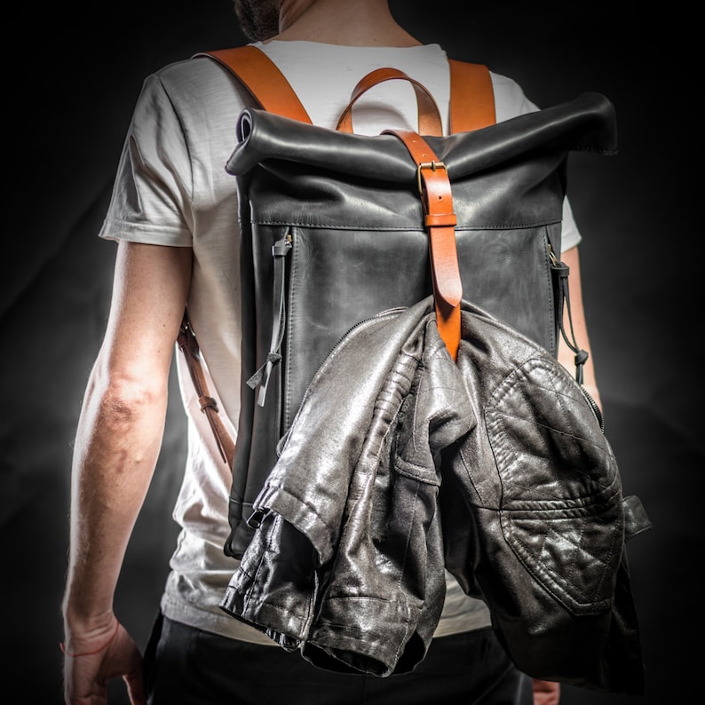 Leather backpack for man Personalized bag Roll top backpack Flight cabin luggage Work bag men image 2