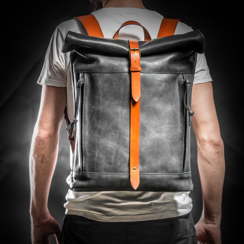 Leather backpack Roll top backpack by Kruk Garage Black Etsy