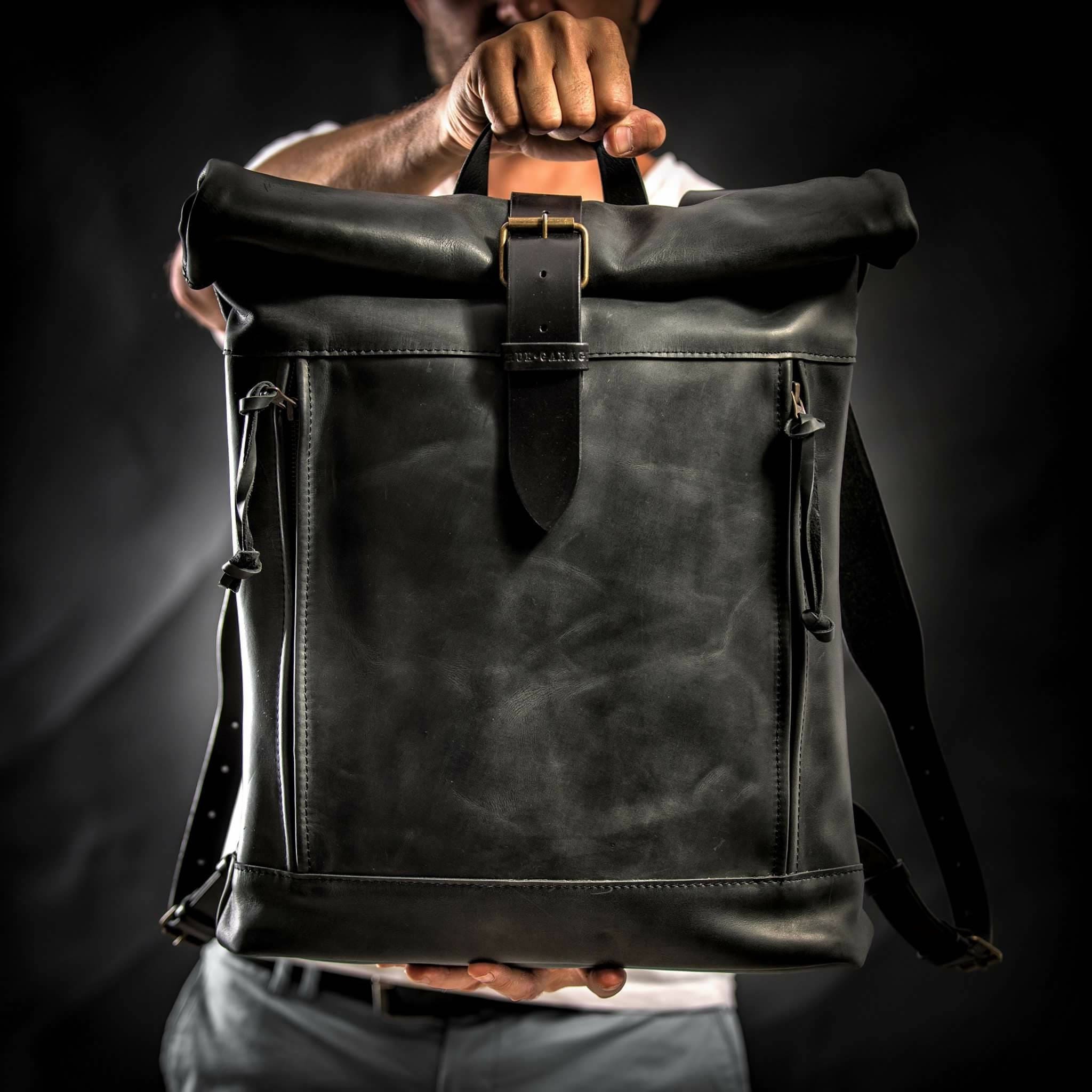 mens leather roll top backpack