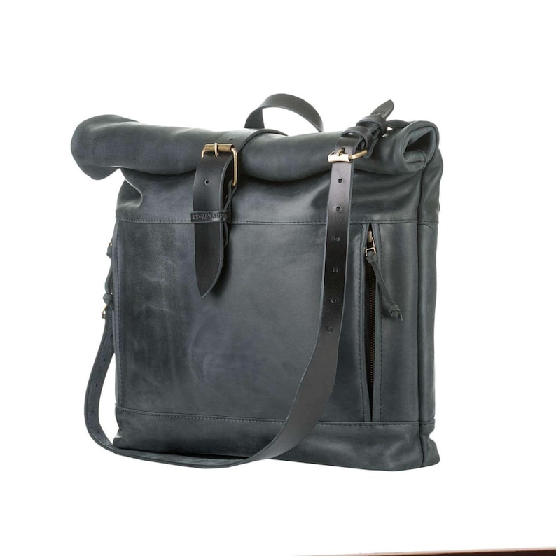 Black leather bag Roll top bag by Kruk Garage Laptop leather bag Mens shoulder bag Roll top bag Leather messenger Birthday gift Gift for him