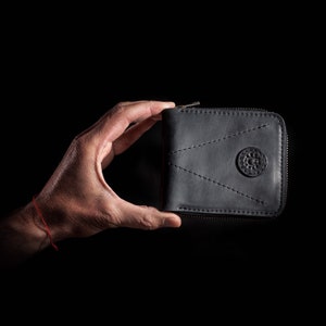 Cartera de bolsillo con cremallera Cartera pequeña Cartera de cuero plegable Regalo personalizado Cartera pequeña de cuero Regalo de Navidad Negro