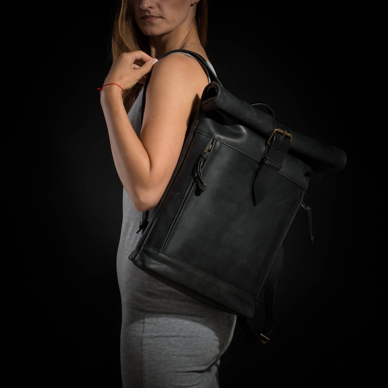 Leather backpack Roll top backpack by Kruk Garage Black Etsy