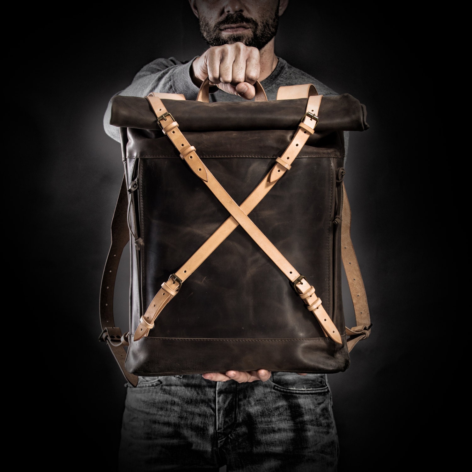 Leather backpack Roll top backpack by Kruk Garage Brown Etsy