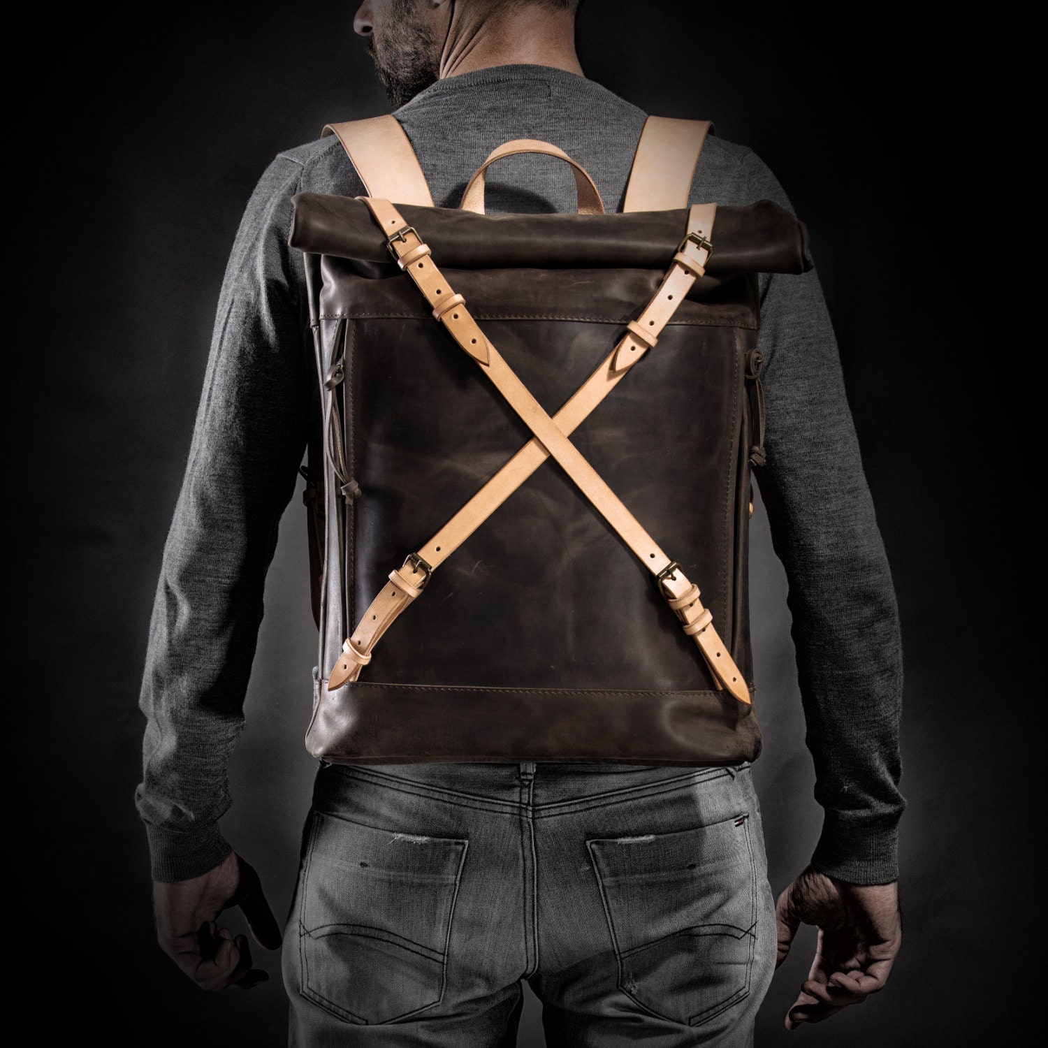 Leather backpack Roll top backpack by Kruk Garage Brown Etsy