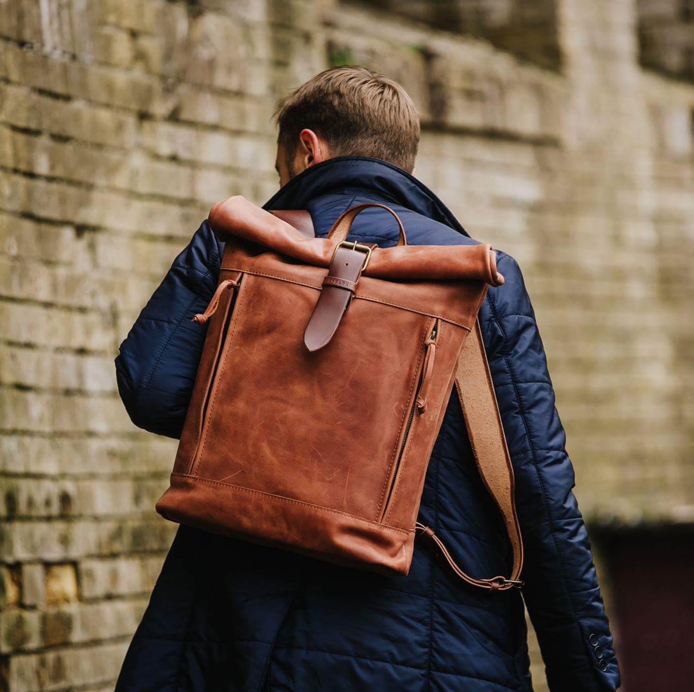 Leather backpack Roll top backpack by Kruk Garage Brown | Etsy