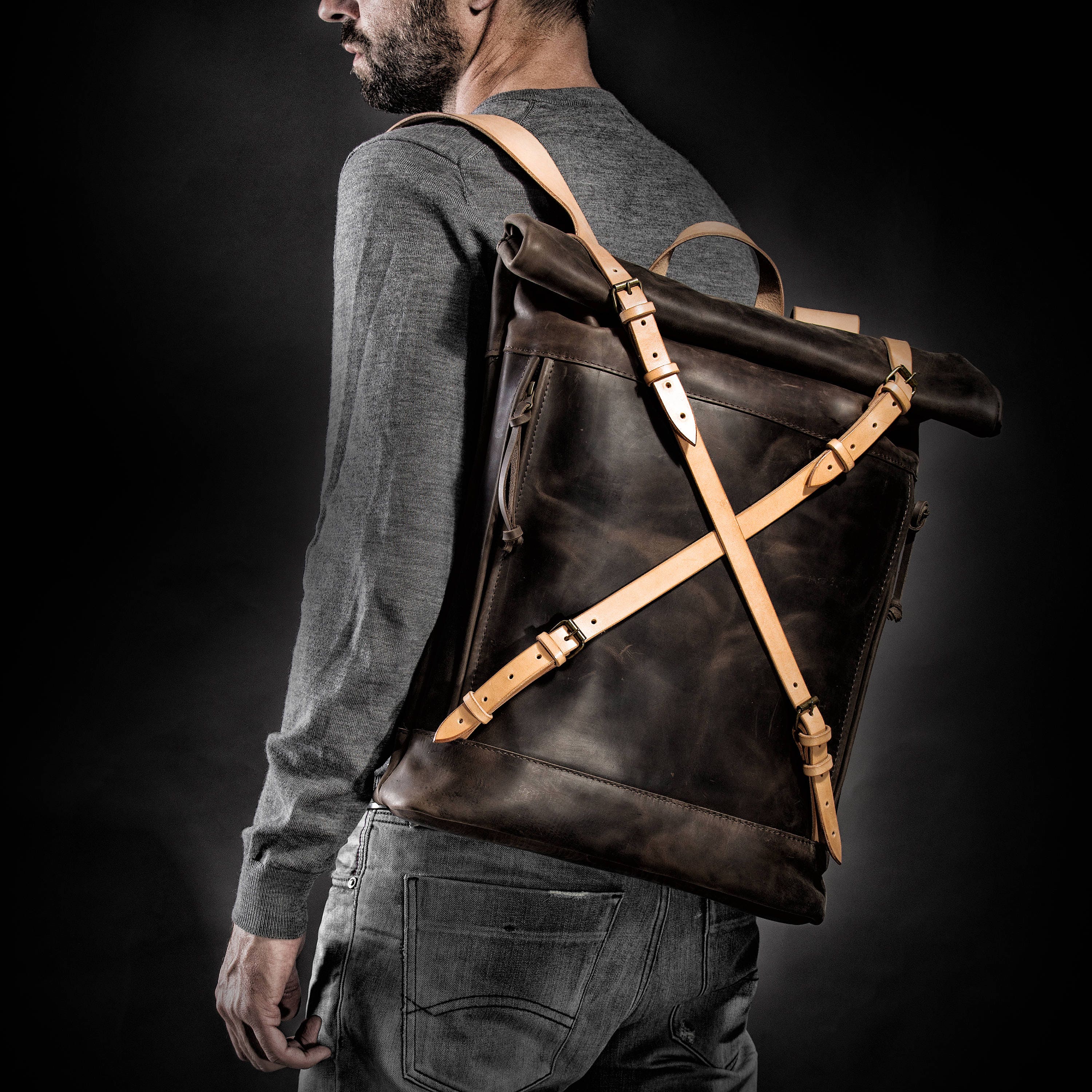 Leather backpack Roll top backpack by Kruk Garage Brown Etsy