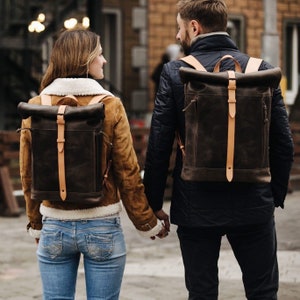 Couple backpack Roll top backpack by Kruk Garage Leather backpack Laptop bag Valentine’s Day gift