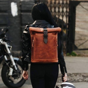 Plecak szkolny Plecak skórzany z rolowaną górą Plecak damski Plecak na laptopa Plecak studencki Prezent na Dzień Ojca