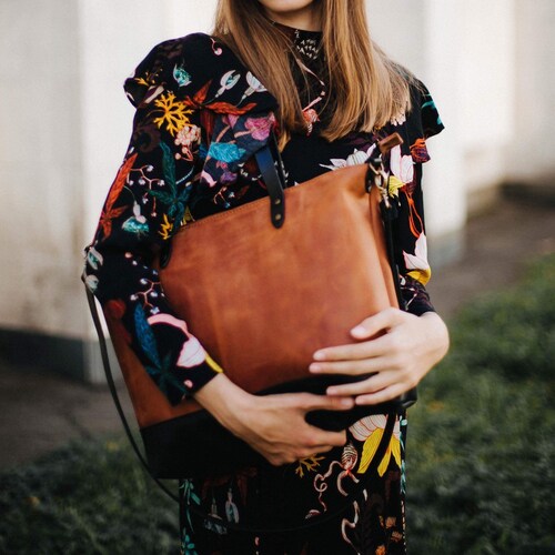 Leather Tote With Trolley Sleeve Leather Bag With Luggage Etsy