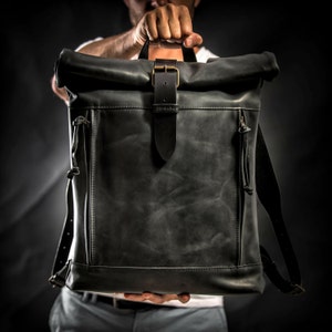 Leather backpack Roll top backpack Mens backpack Roll up backpack School backpack Christmas gift