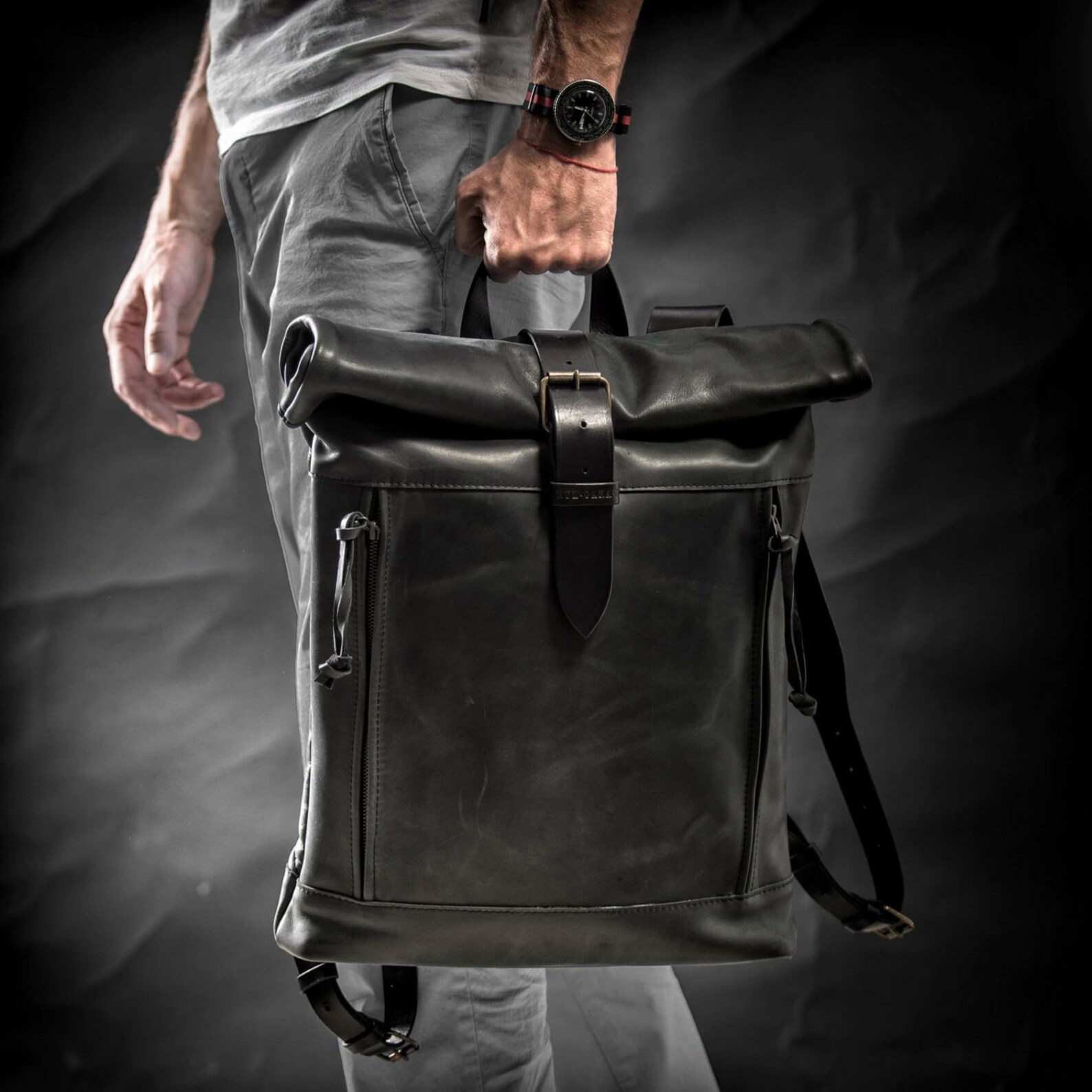 Leather backpack Roll top backpack by Kruk Garage Black Etsy