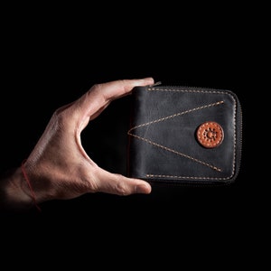 Cartera de bolsillo con cremallera Cartera pequeña Cartera de cuero plegable Regalo personalizado Cartera pequeña de cuero Regalo de Navidad Black/ Cognac