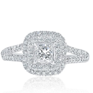 1 Carat Princess Cut Engagement Ring 18k White Gold, Princess Cut Diamond Halo Ring, Split Shank Square Cut Ring, Promise Ring