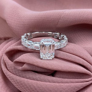 2Ct Emerald Cut D-VS1 IGI Certified Lab Grown Diamond Engagement Ring Eternity Band, 4.60Ctw Hidden Halo Emerald Diamond Ring 14K White Gold