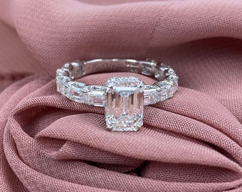 4.60 Ctw Emerald Cut Lab Grown Diamond Engagement Ring: 14K White Gold Eternity Band