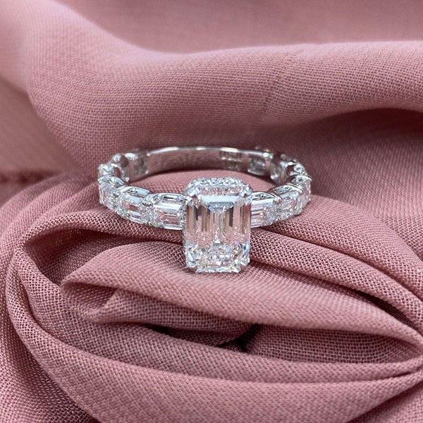 4.60 Ctw Emerald Cut Lab Grown Diamond Engagement Ring: 14K White Gold Eternity Band
