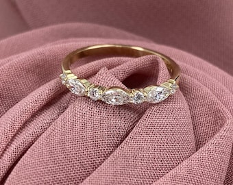 0.50Ct Lab Grown Diamond Wedding Ring, 14k Gold Marquise & Round Half Eternity Band