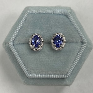 14k White Gold 1.20Ct Oval Tanzanite Studs, Natural Tanzanite Diamond Halo Stud Earrings, Post Earring Studs, Birthstone Gift