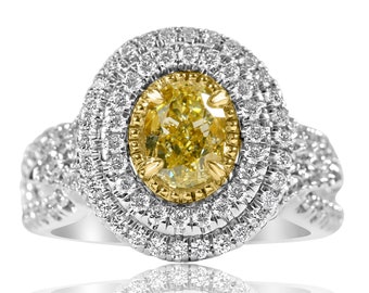 GIA 1.96 Carat Light Yellow Diamond Ring: Art Deco 14k White Gold Double Halo