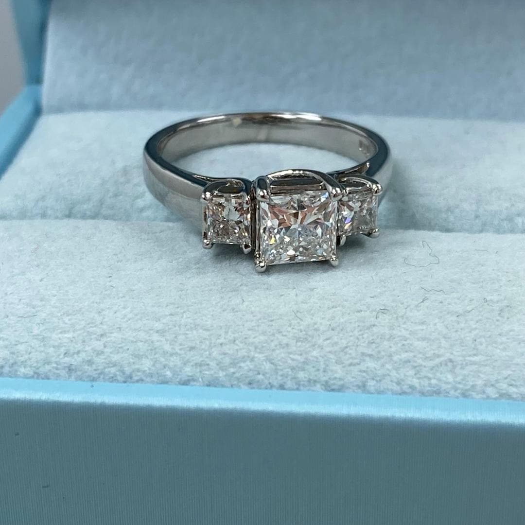 Princess Cut Diamond Three Stone Engagement Ring, 14k White Gold
