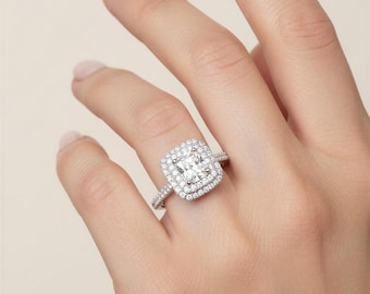 1.46Ctw Radiant Diamond Double Halo Engagement Ring, 18k White Gold Pave Band
