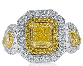 Anillo de compromiso de oro blanco de 18 k con doble halo de diamantes radiantes amarillos de lujo de 2,06 quilates GIA