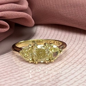 1.82CT GIA Certified Cushion Natural Fancy Light Yellow Diamond, 18k Yellow Gold, Proposal 3 Stone Diamond Ring, Past Present Future Ring