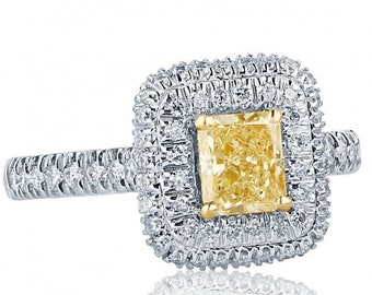 1.34Ct Radiant Cut Yellow Diamond Engagement Ring: Double Halo, 18k White Gold