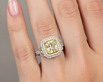 Radiant Cut Yellow Diamond Double Halo Engagement Ring, 1.88Ctw, 18k White Gold