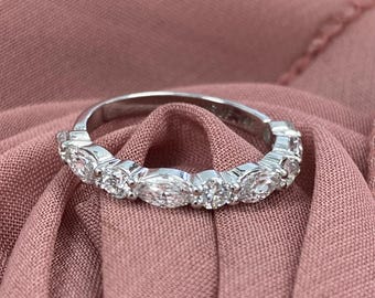 1 Carat Lab Grown Diamond Wedding Band, 14k White Gold Alternating Marquise Round Ring