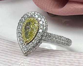 GIA 1.81Ctw Fancy Intense Yellow Pear Diamond Halo Ring, 18k White Gold