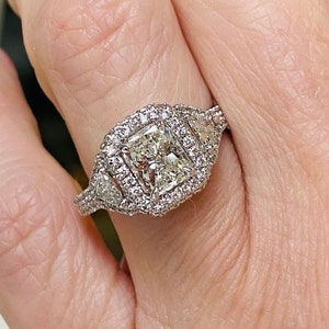 Diamond Engagement Ring, 1.86 Ct Radiant Cut  Diamond Engagement Ring w/  Trillion Cut Side Diamonds, Halo Diamond Ring, 18k White Gold