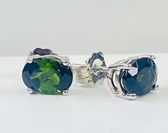 Green Tourmaline Stud Earrings, 1.75ct, 14k White Gold, Birthstone Studs